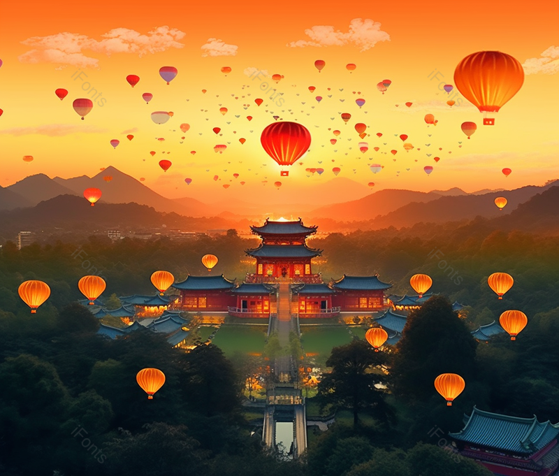 山林中庭院放孔明灯天灯古典祥云国潮风中国风传统文化节日插画,插画/手绘图,插画/手绘图库,插画/手绘图下载,插画/手绘